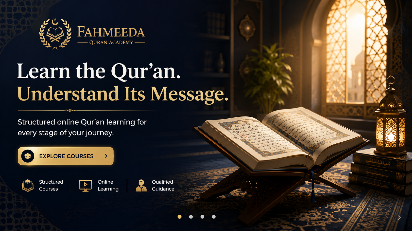 Open Qur'an on a wooden rehal beside a lantern